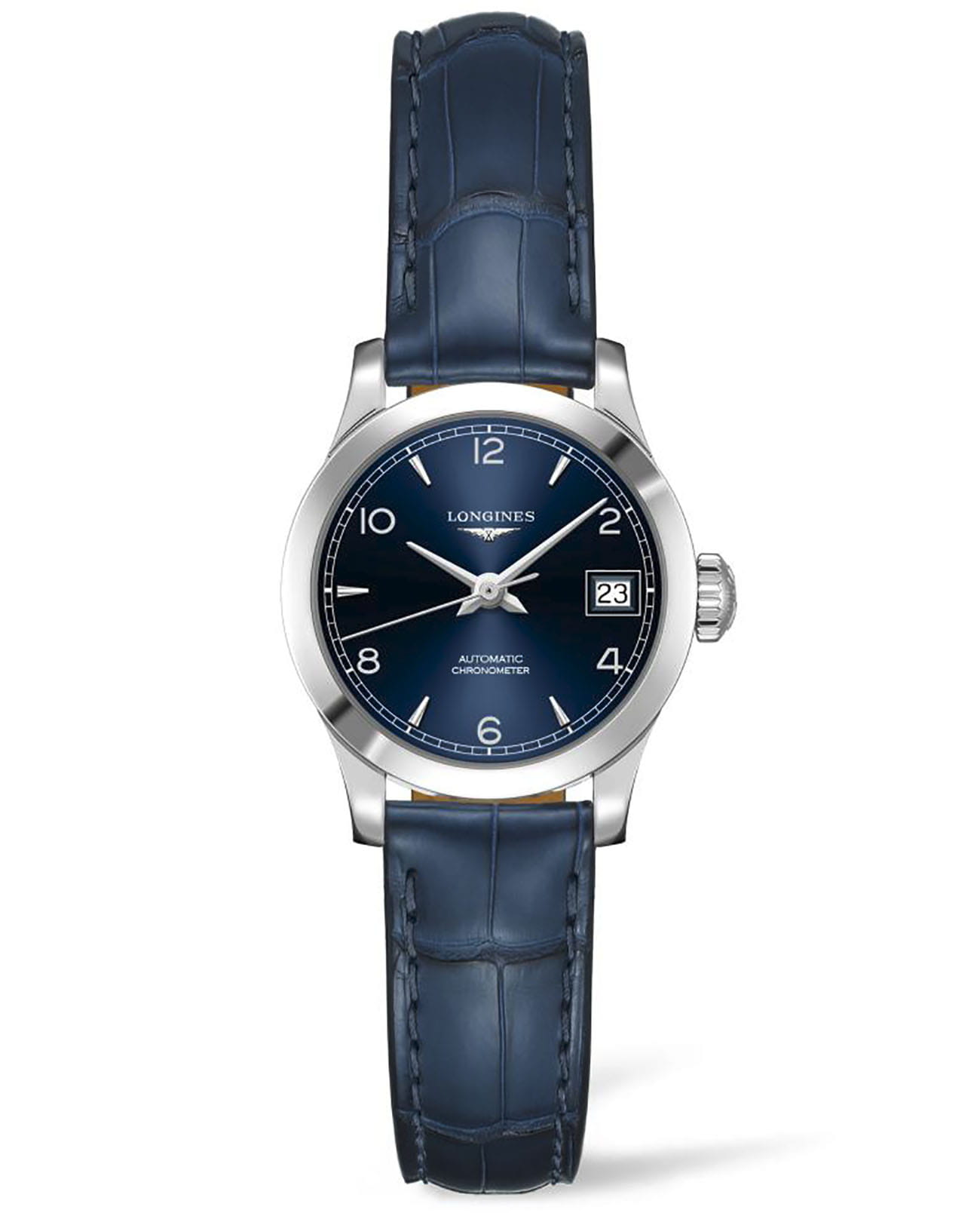 Longines Longines Record Collection L2.320.4.96.4  L23204964 механические женские часы синий циферблат, браслет кожаный — вид спереди